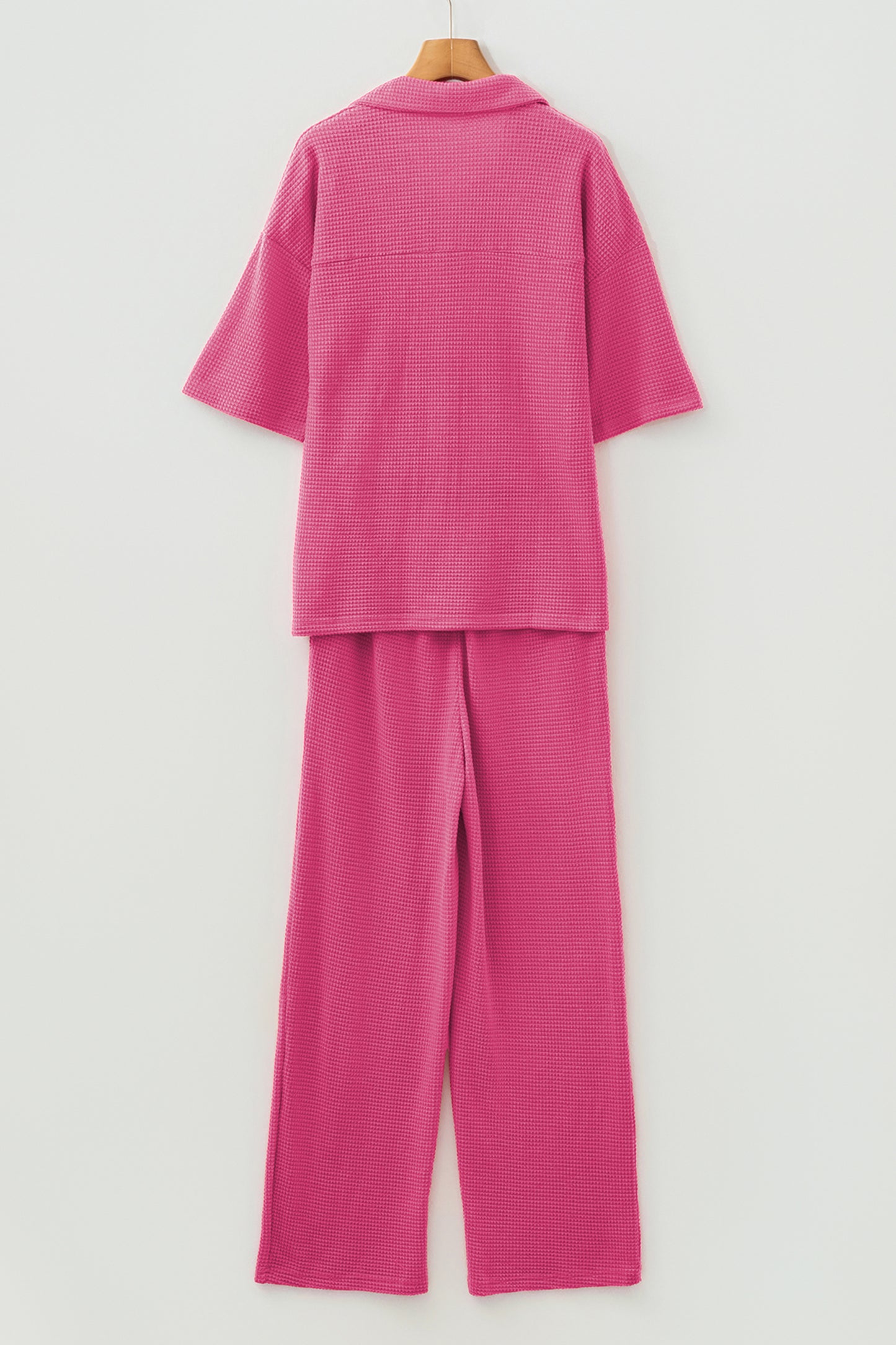 Rose Red Solid Color Textured Buttoned Shirt and Casual Pants Set