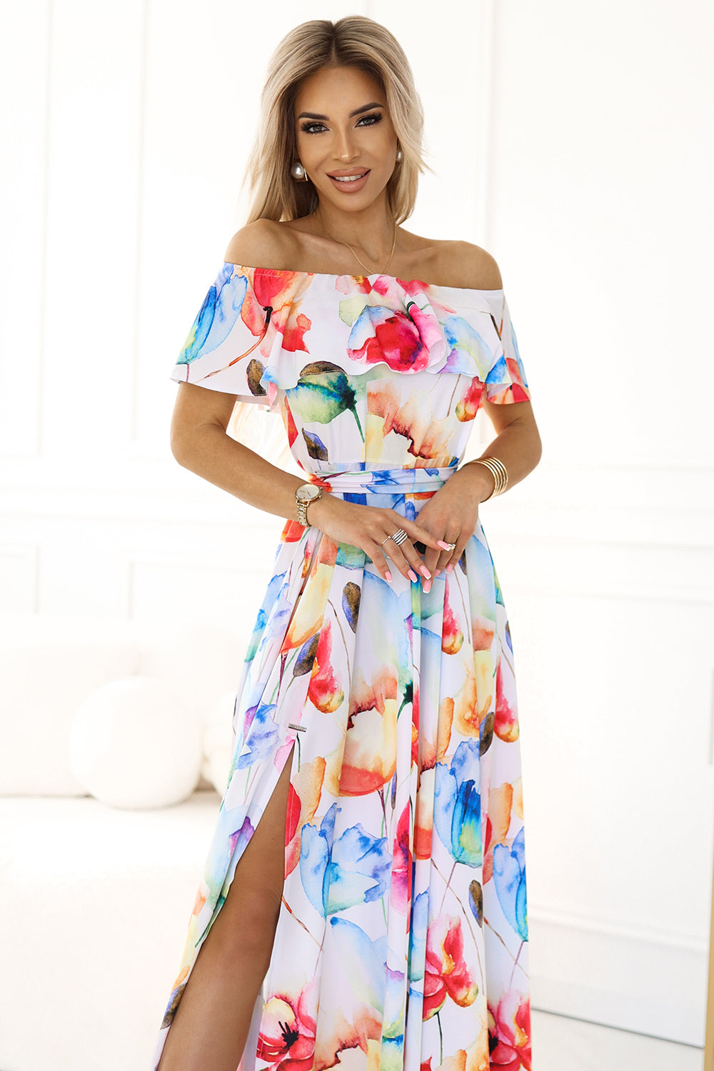 194-5 Long summer dress with a belt - colorful flower pattern