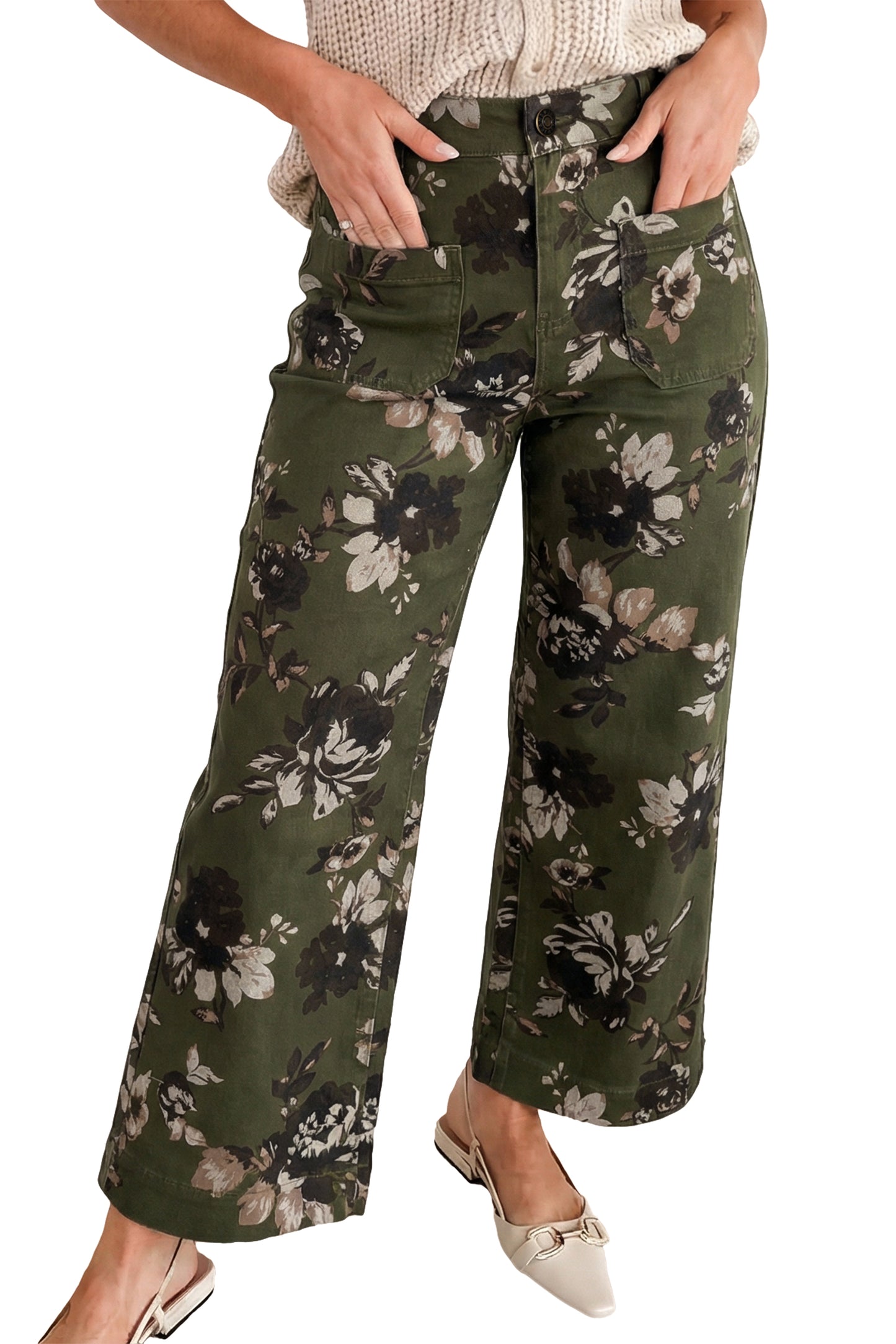 Green Vintage Floral Print Square Patch Pocket Raw Hem Shift Jeans