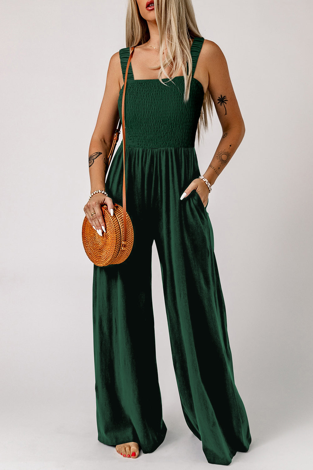 Ginger Smocked Sleeveless Wide Leg Jumpsuit with Pockets