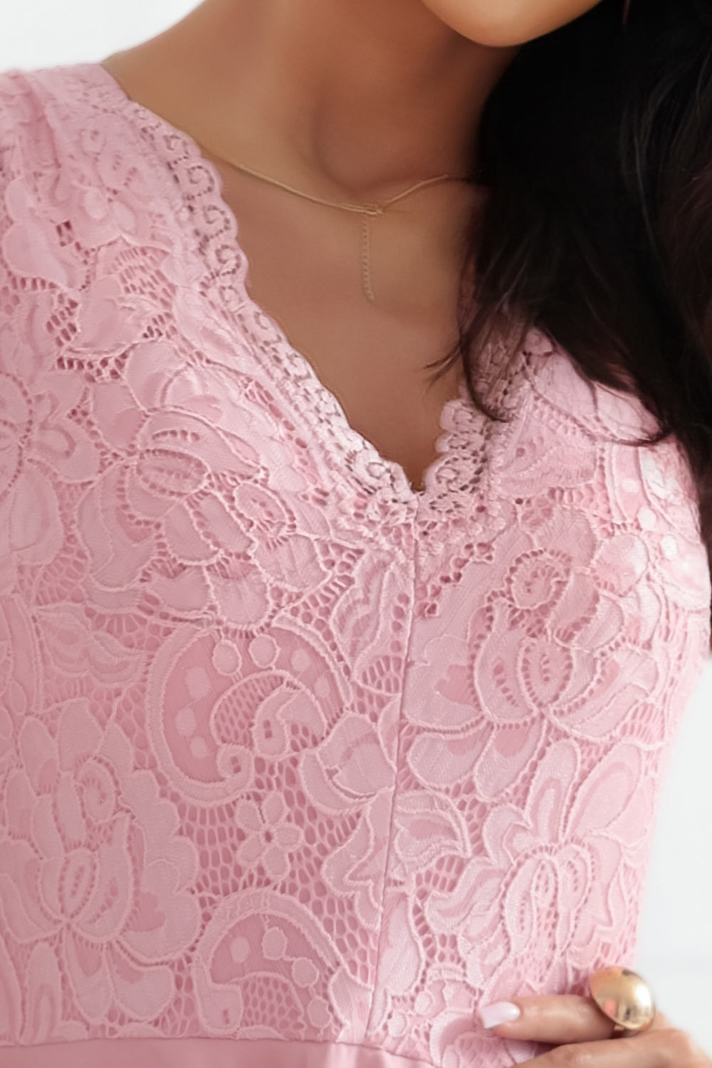 300-7 PATRICIA dress with longer back with lace neckline - powder pink