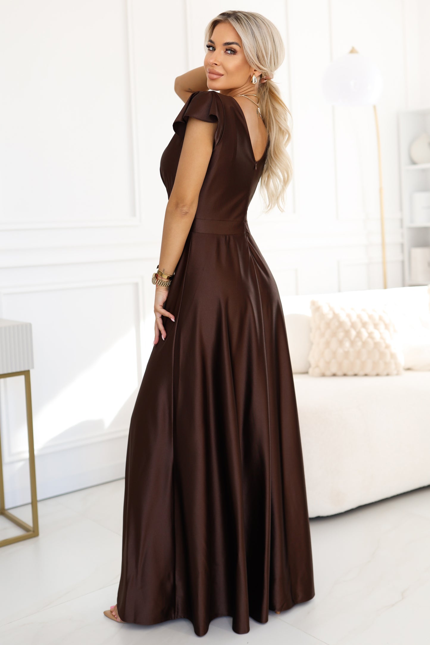 411-15 CRYSTAL satin long dress with a neckline - chocolate