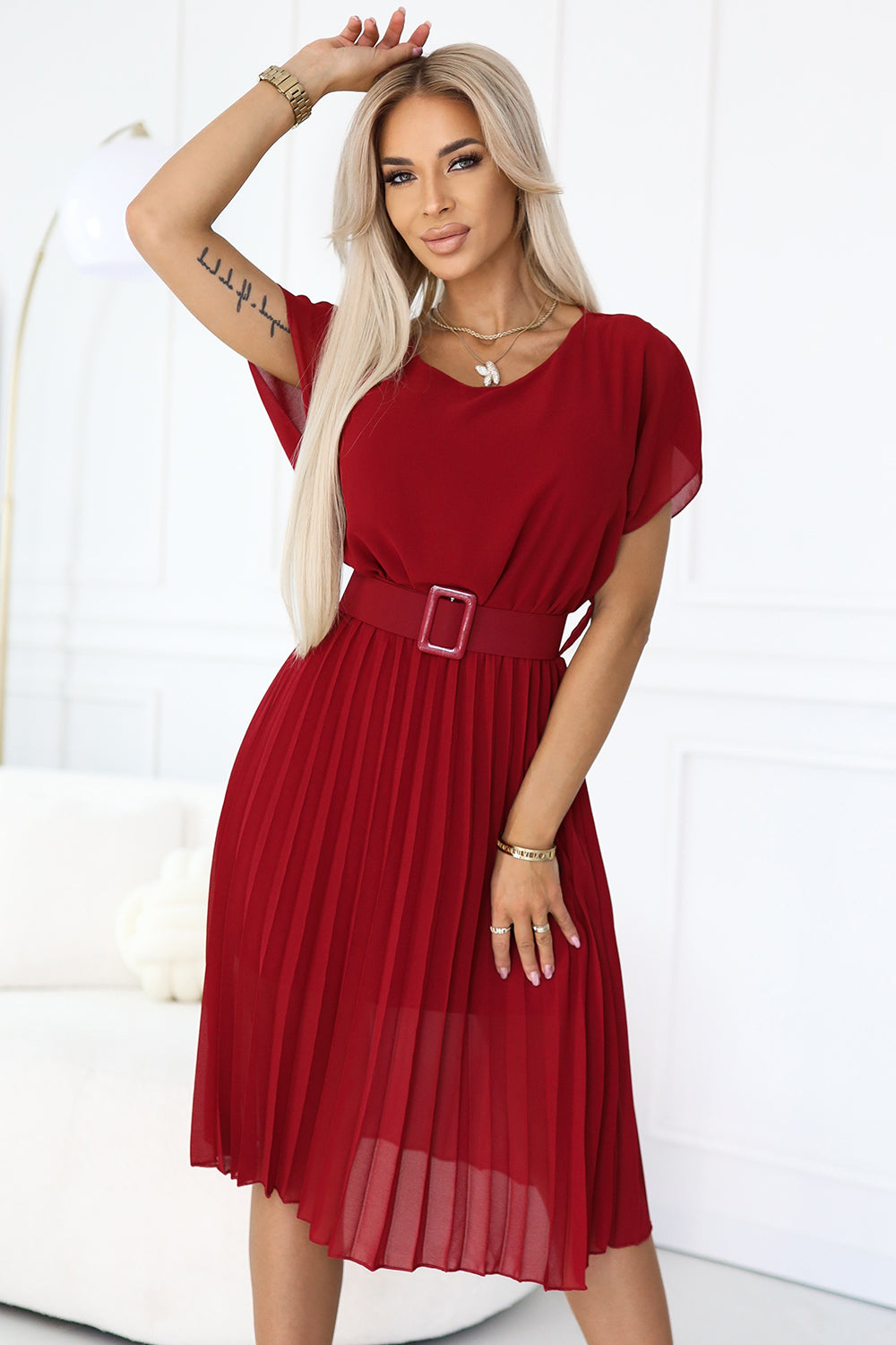 465-5 MIA Pleated Chiffon Midi Dress with Wide Belt - Burgundy