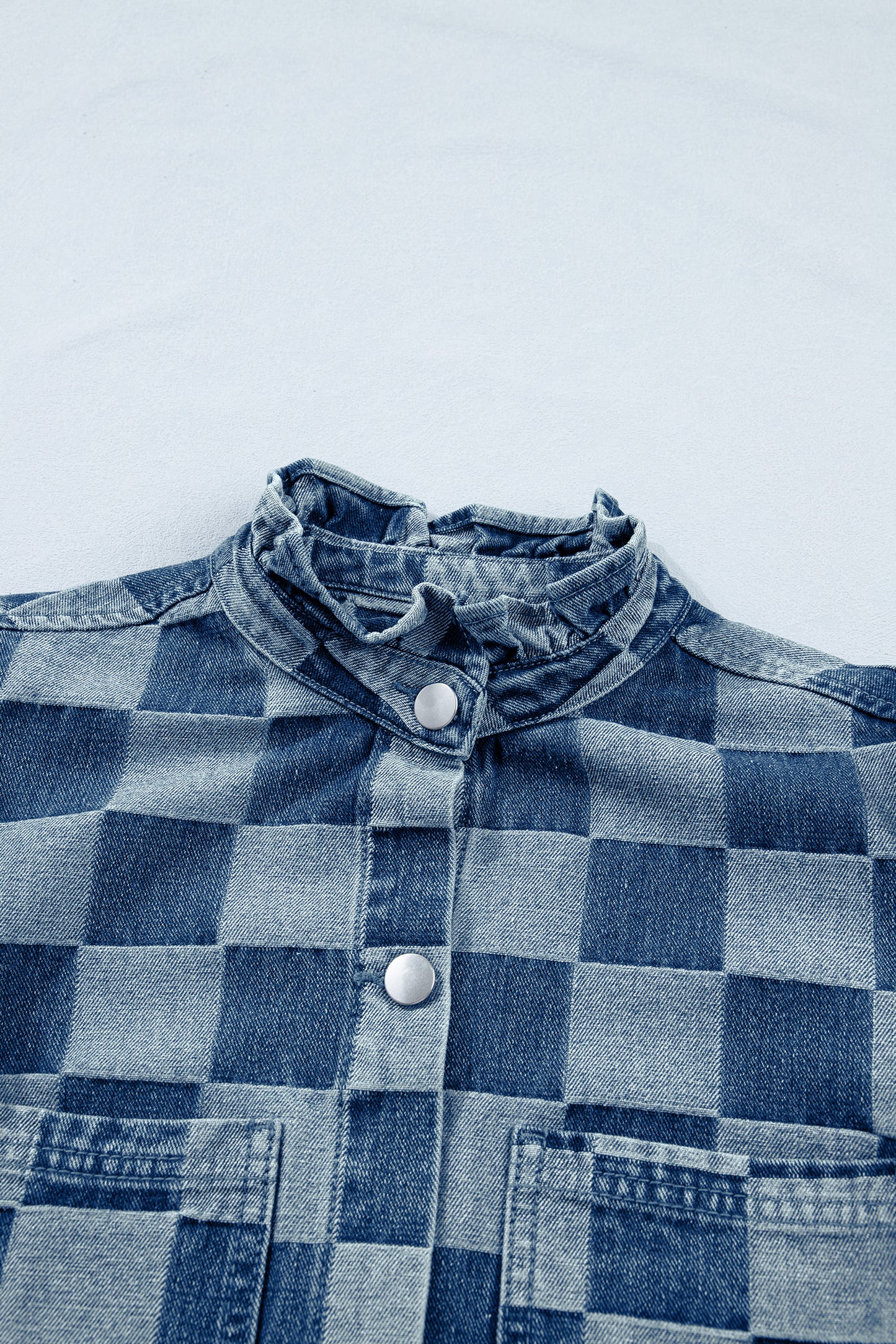 Beau Blue Checkered Ruffle Trim Button Down Denim Vest