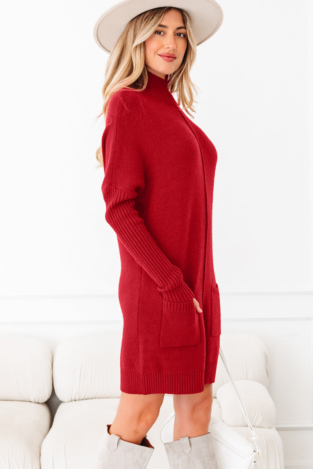 Chestnut Ribbed High Neck Front Pockets Center Seam Shift Sweater Dress