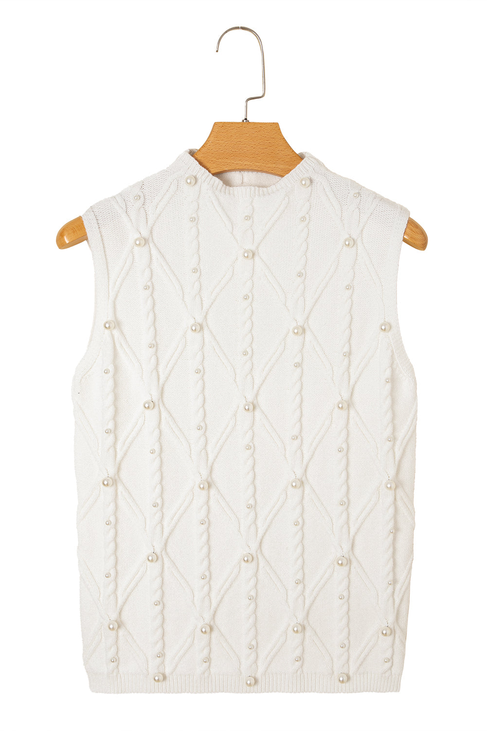 White Pearled High Neck Textured Knit Sweater Vest