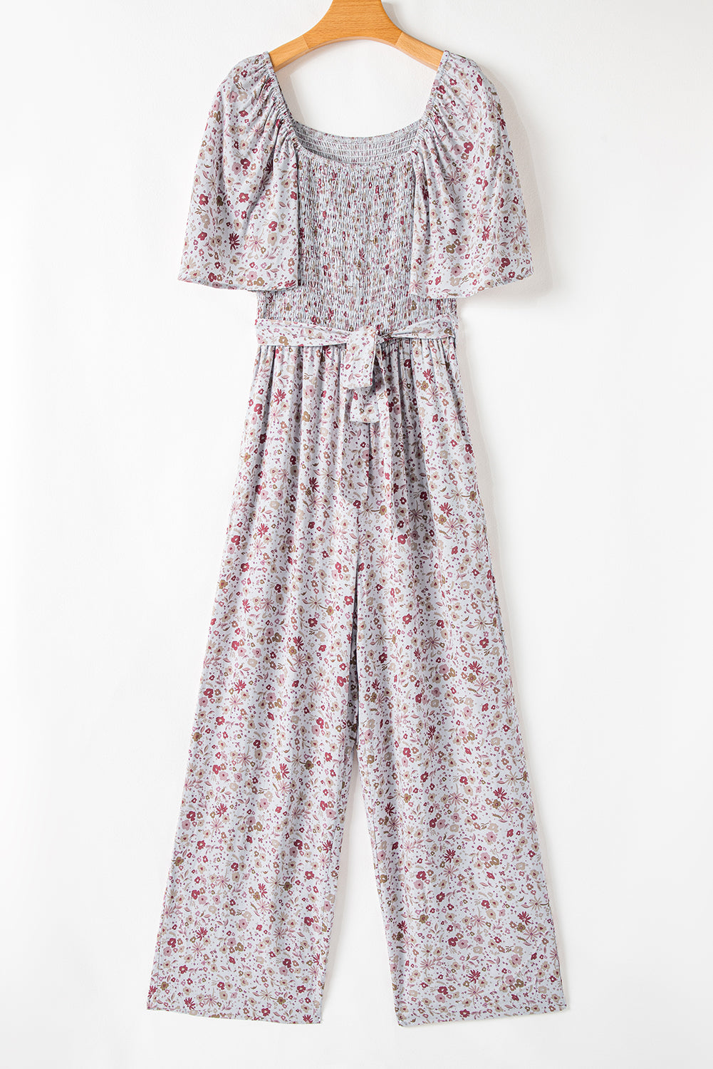 White Smocked Short Sleeve Wide Leg Floral Print Jumpsuit