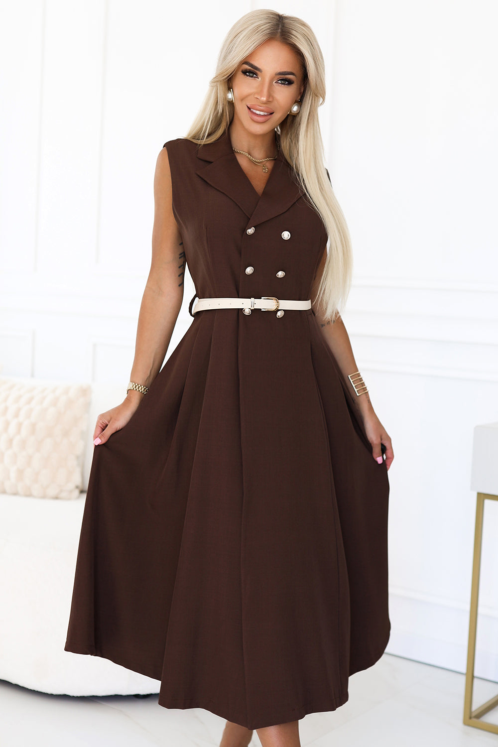 596-4 Elegant midi shirt dress with gold buttons and belt - chocolate