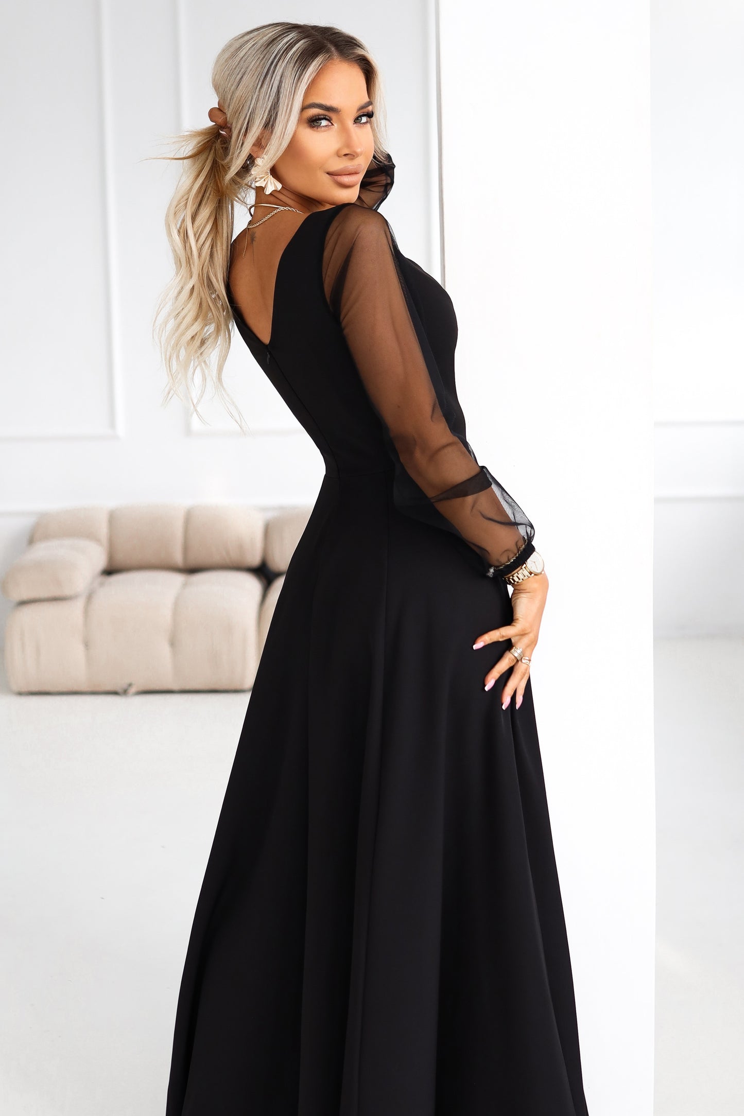 640-2 LORETTA unique long dress with tulle sleeves and neckline - black