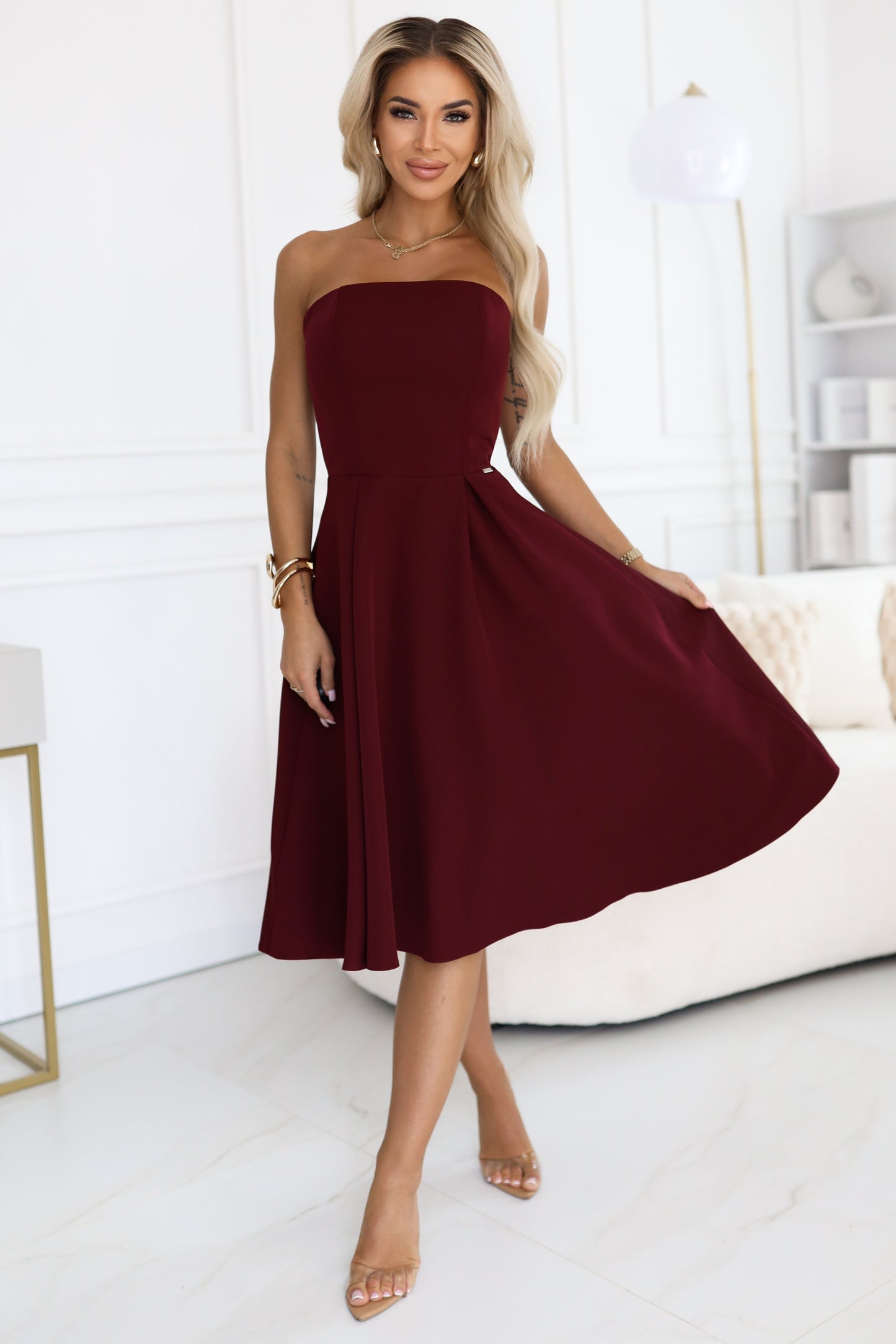 641-1 VIVIENNE corset flared midi dress for special occasions - burgundy
