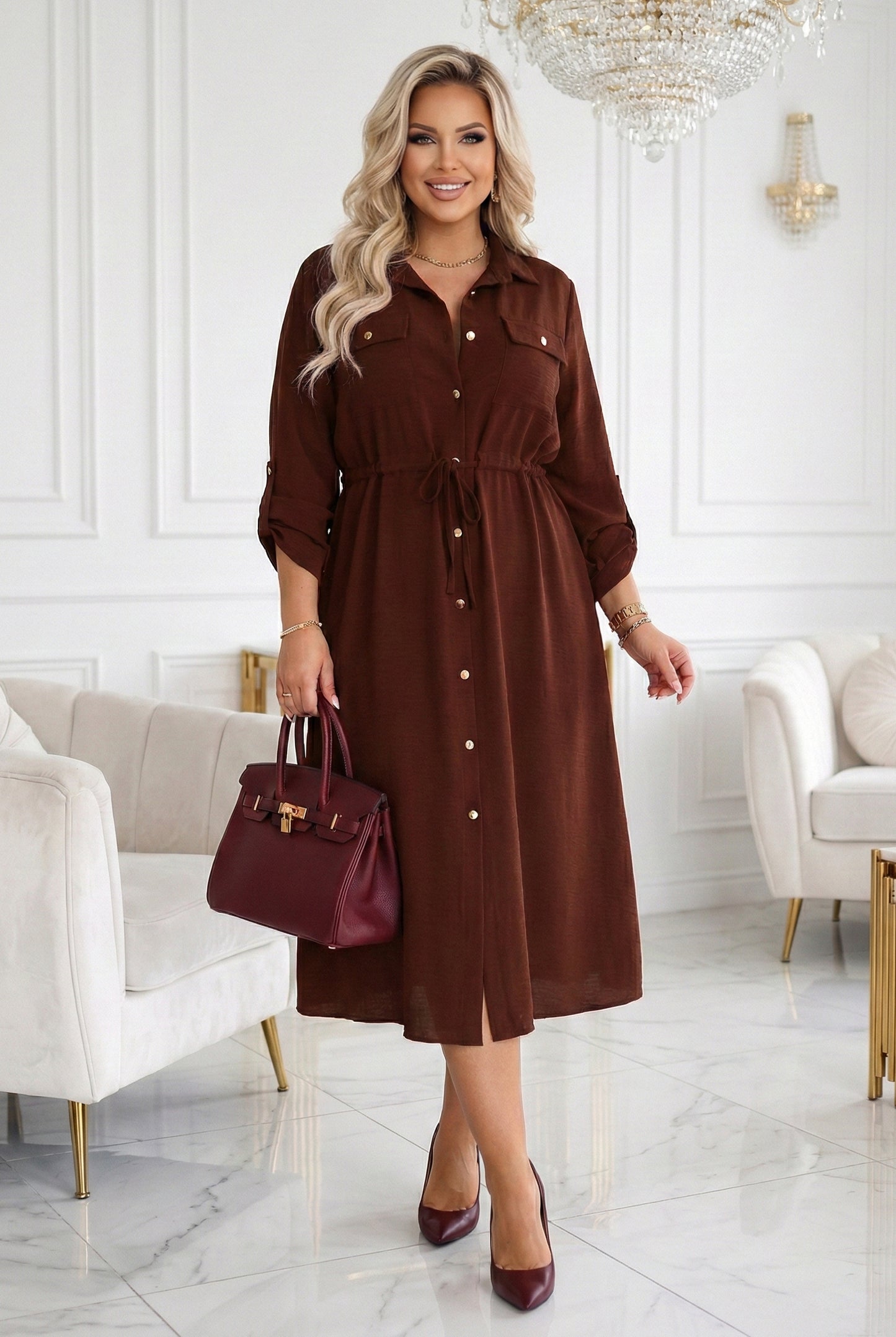 651-1 Shirt dress midi dress with buttons and belt - chocolate