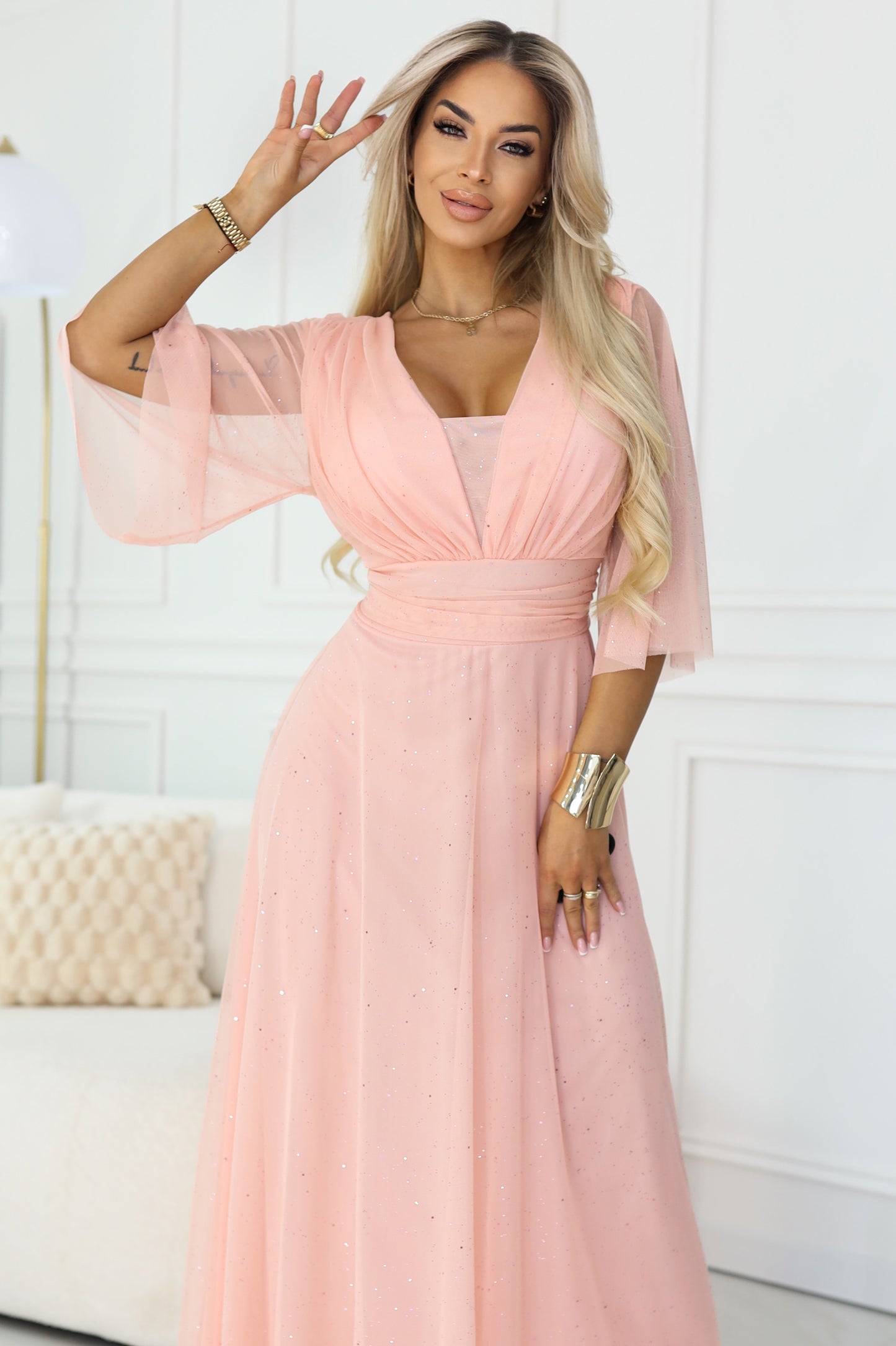654-4 Long Shimmering Plus Size Dress with Neckline and Transparent Sleeve - Peach