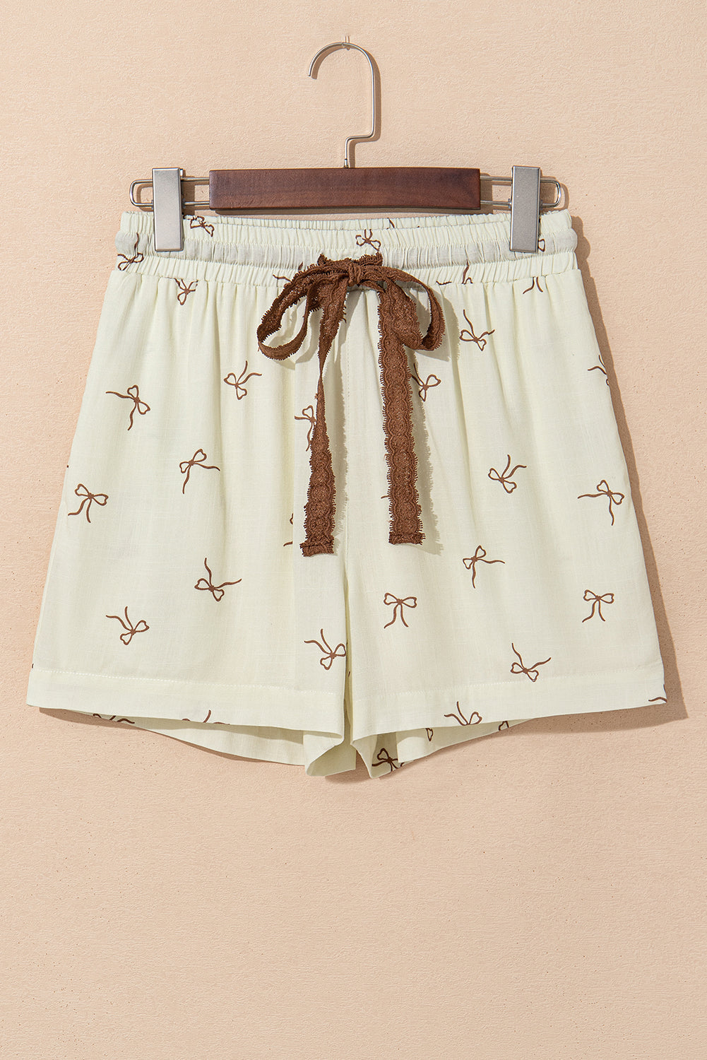 White Bow Print Lace Drawstring Casual Shorts