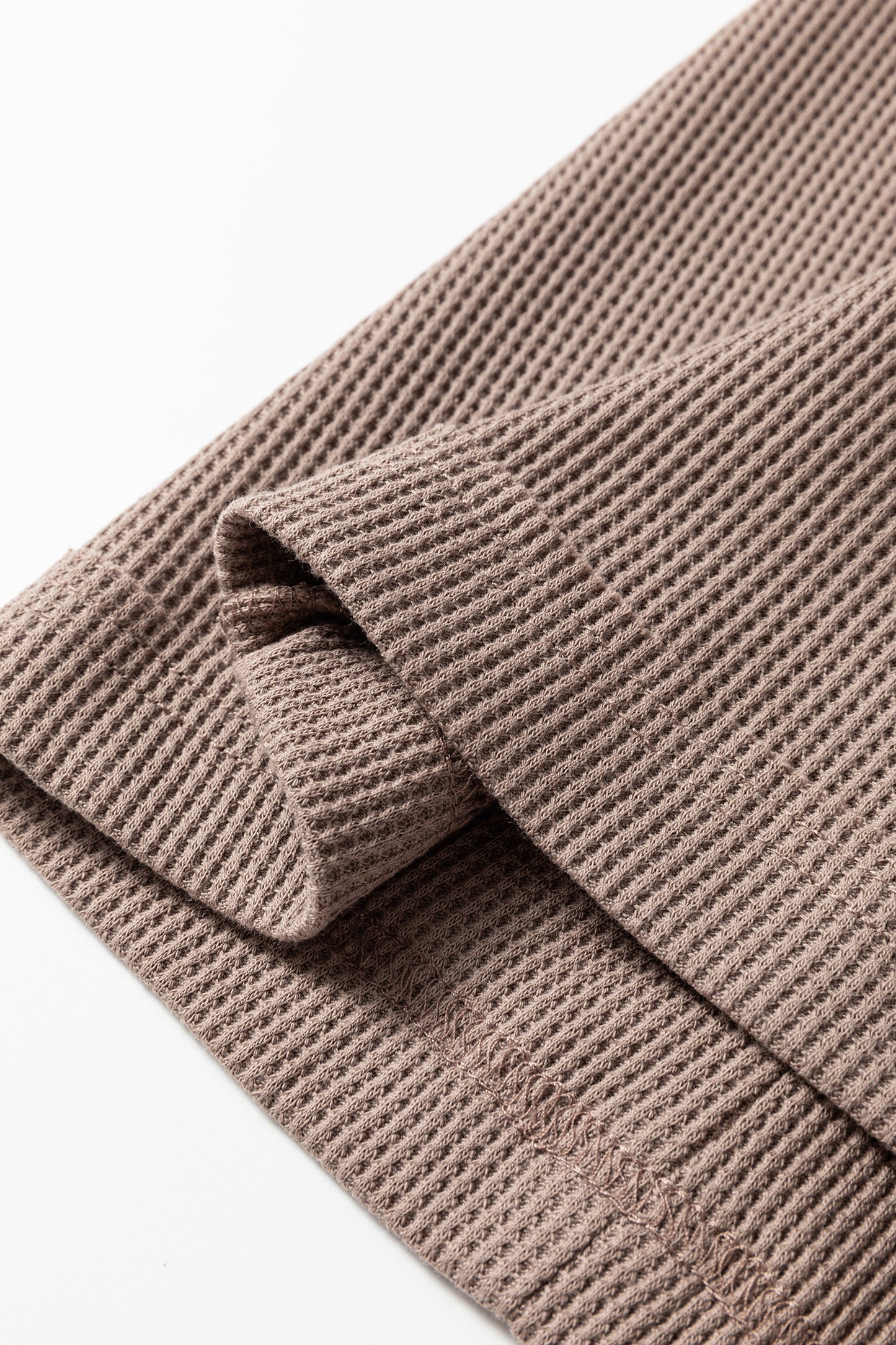 Beige Solid Color Waffle Knit Asymmetric Neck Long Sleeve Top