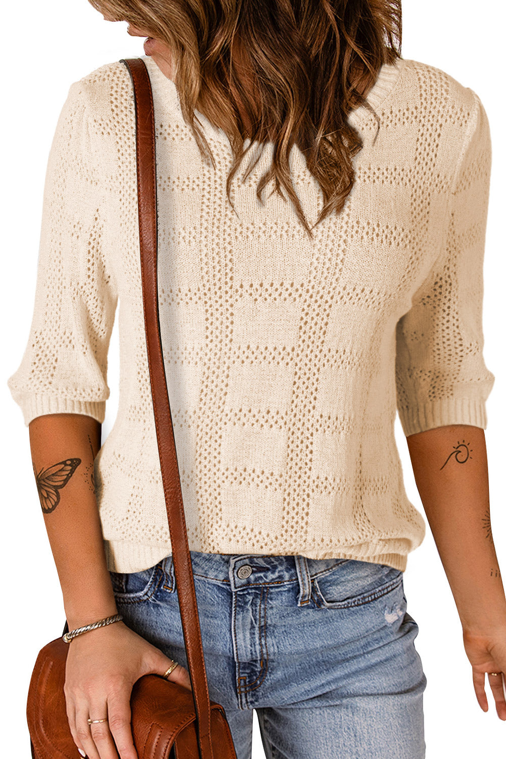 Apricot Plaid Pattern Crochet Knit Short Sleeve Sweater
