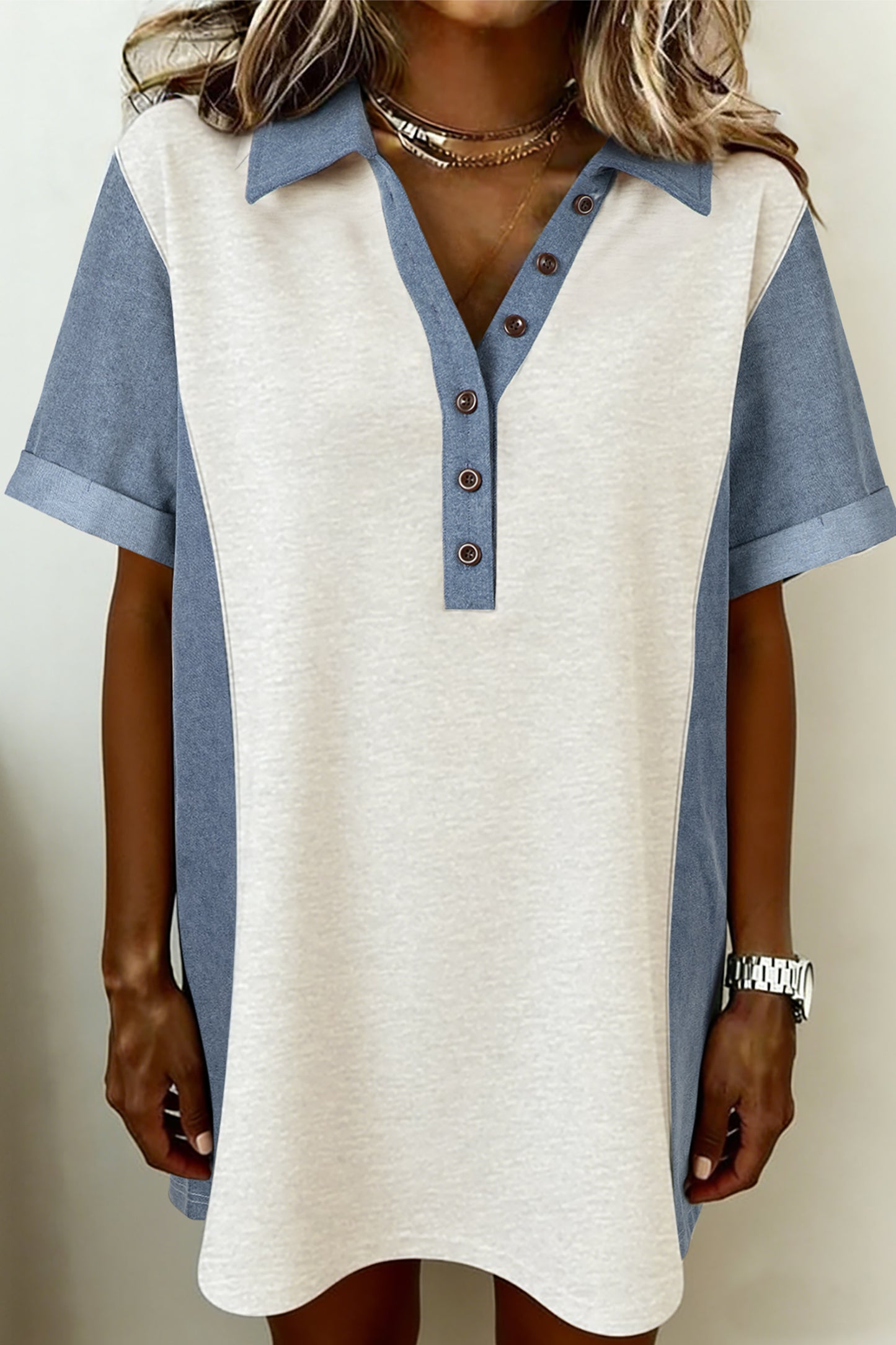 Light Grey Denim Color Block Patchwork Button Polo Collar T Shirt Tunic Dress