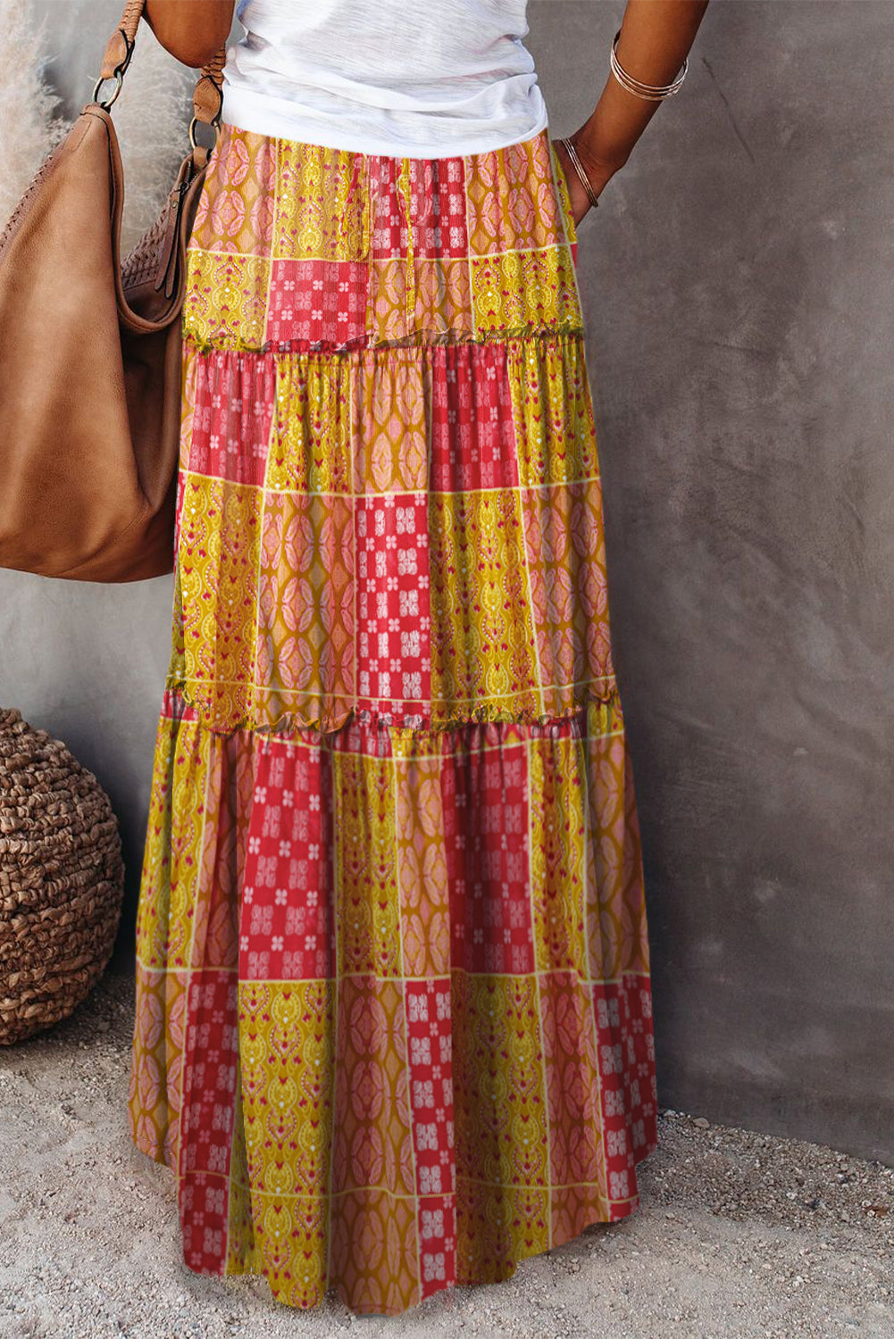 Purple Tiered Paisley Print Pocketed Maxi Skirt