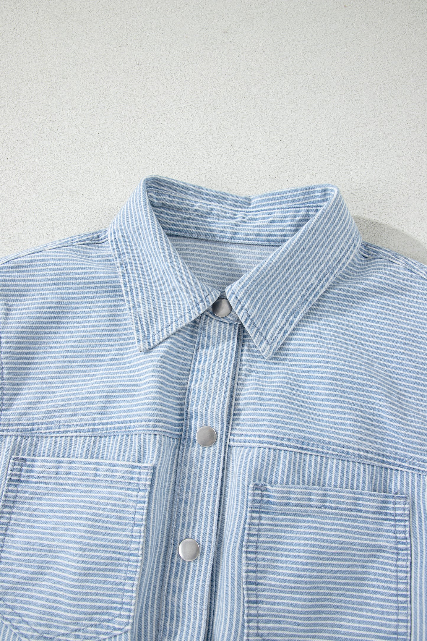 Sky Blue Stripe Collared Button Front Sleeveless Denim Mini Dress