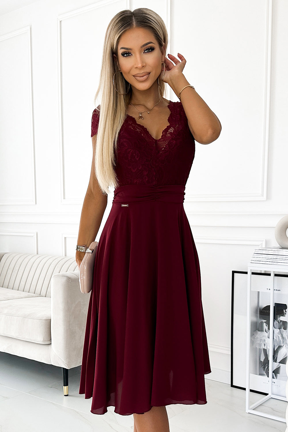 381-5 LINDA - chiffon dress with lace neckline - Burgundy color
