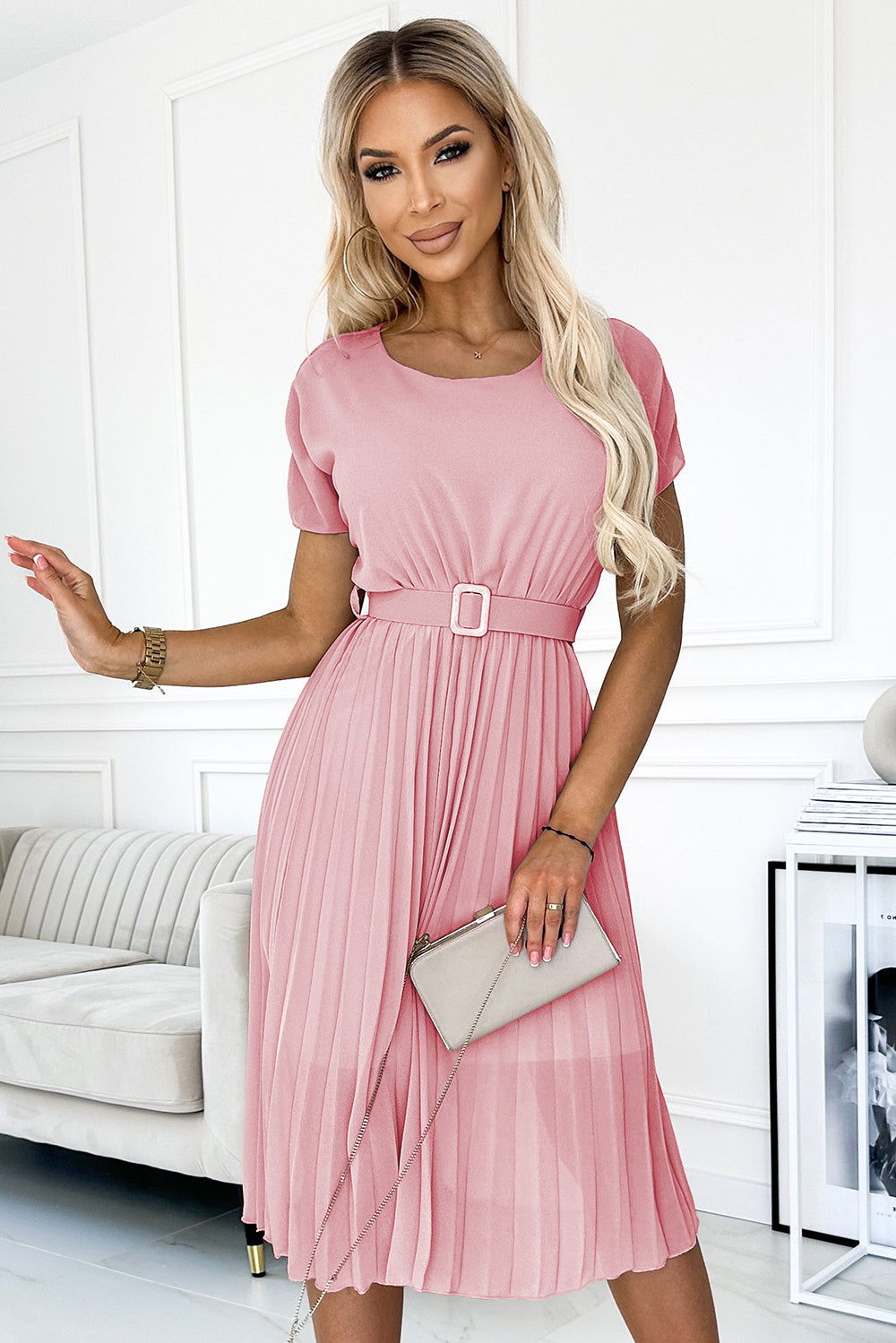 465-3 MIA Pleated midi dress with a wide belt - dirty pink