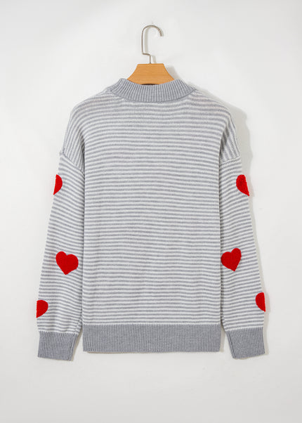 Gray Stripe Contrast Heart Pattern Valentine Knit Sweater