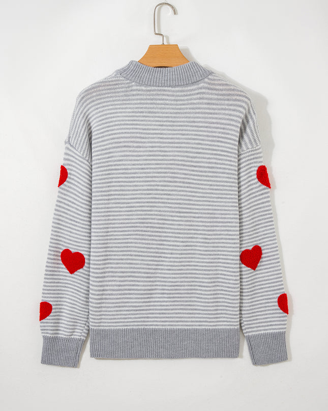 Gray Stripe Contrast Heart Pattern Valentine Knit Sweater