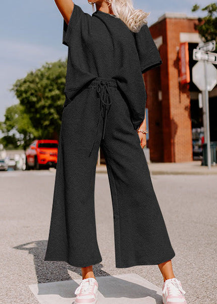 Black Textured Loose Fit T Shirt and Drawstring Pants Set