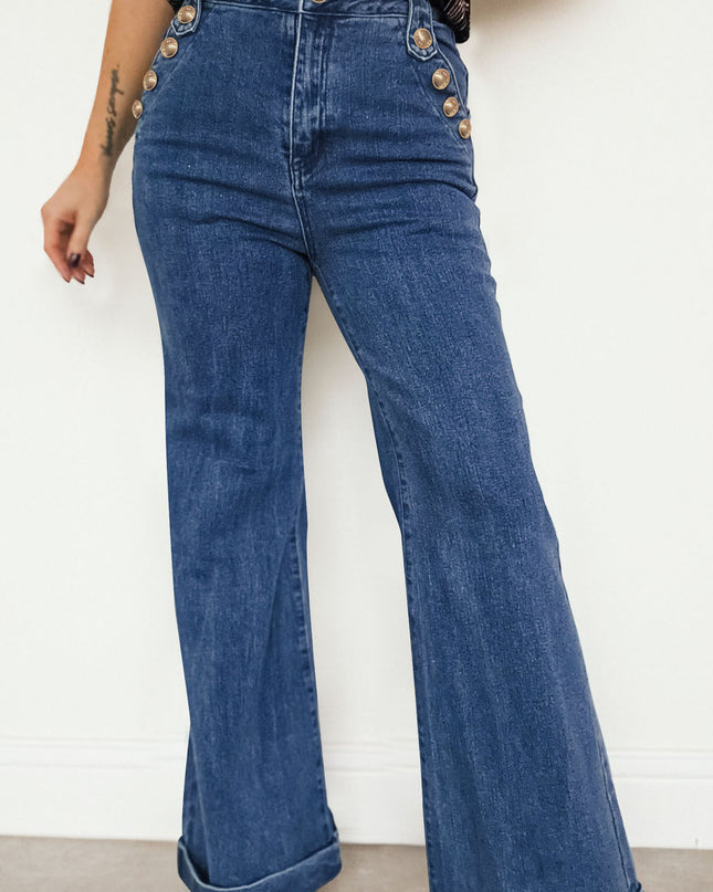 Ashleigh Blue Golden Button Detail Rolled Edge Flare Leg Jeans