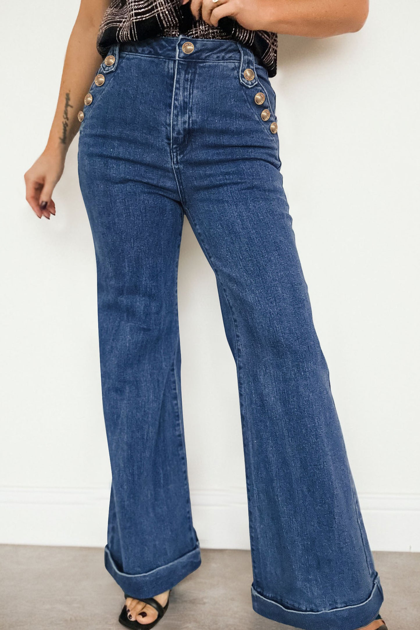 Ashleigh Blue Golden Button Detail Rolled Edge Flare Leg Jeans