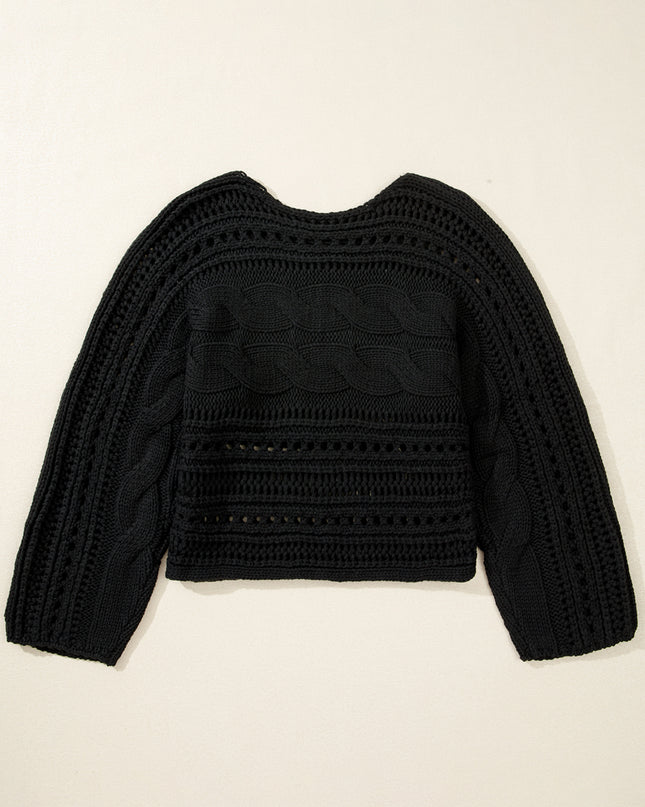 Smoke Gray Hollow-out Cable Knit Cropped Sweater