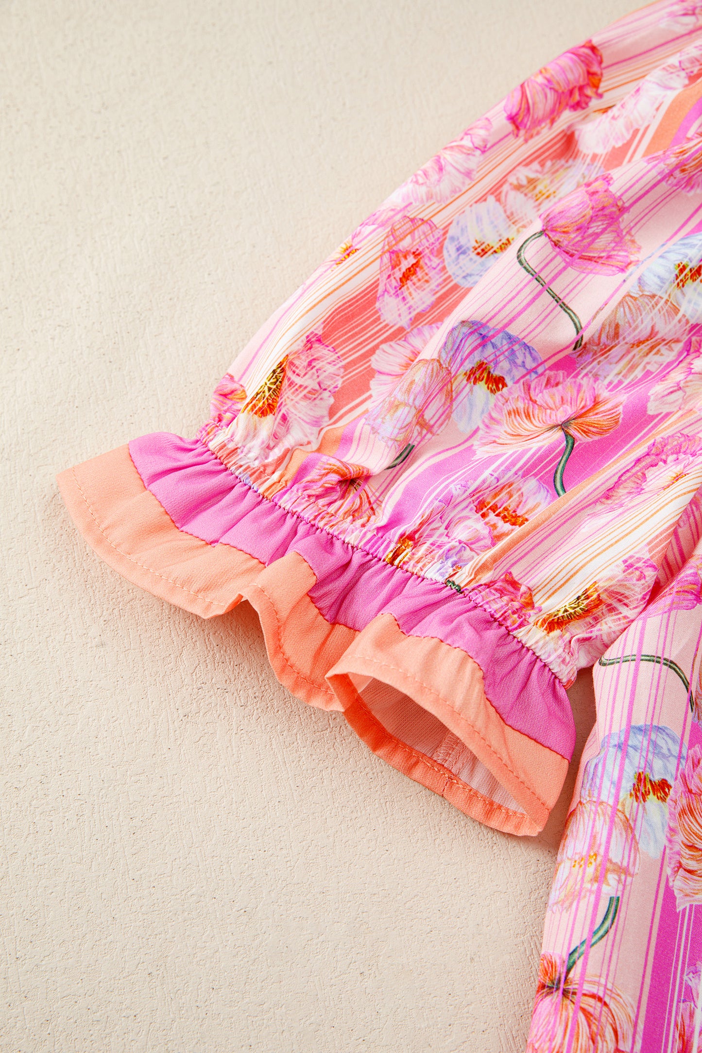 Pink Poppy Flower Striped Print Color Block Trim V Neck Short Sleeve Blouse