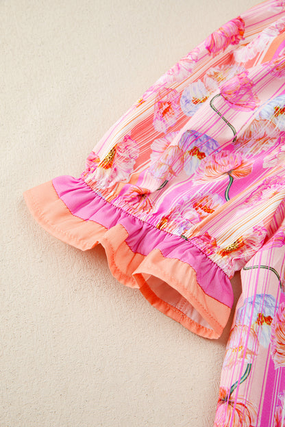 Pink Poppy Flower Striped Print Color Block Trim V Neck Short Sleeve Blouse