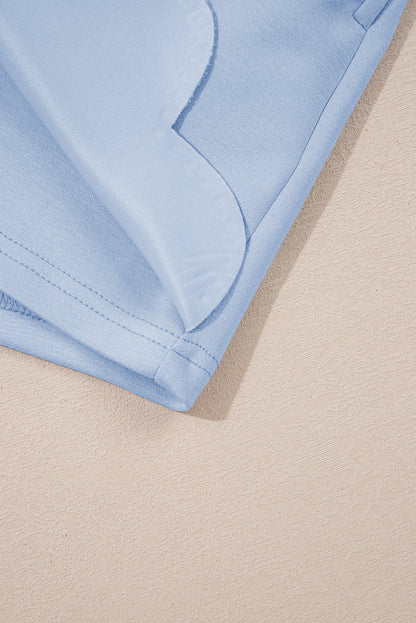 Light Pink Puff Sleeve Pearl Embellished Scallop Trim Top 2 Piece Skort Set