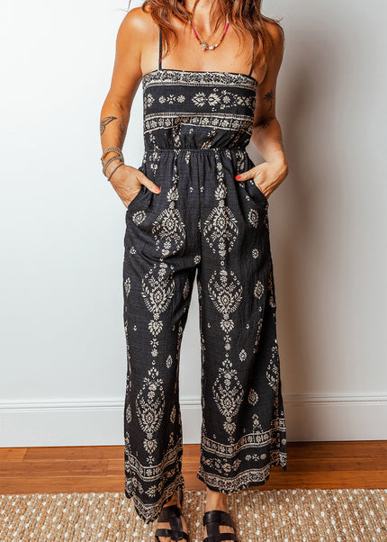 Black Spaghetti Straps Elastic Waist Loose Ethnic Print Jumpsuit