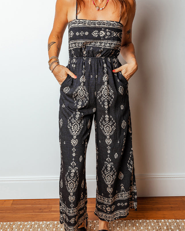 Black Spaghetti Straps Elastic Waist Loose Ethnic Print Jumpsuit