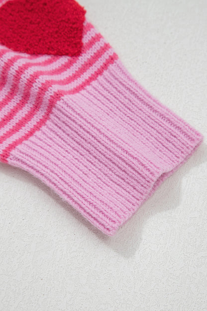 Gray Stripe Contrast Heart Pattern Valentine Knit Sweater
