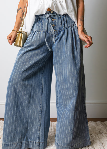 Sky Blue Stripe Button Pleated Drawstring Waist Casual Wide Leg Jeans