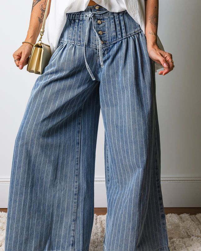 Sky Blue Stripe Button Pleated Drawstring Waist Casual Wide Leg Jeans