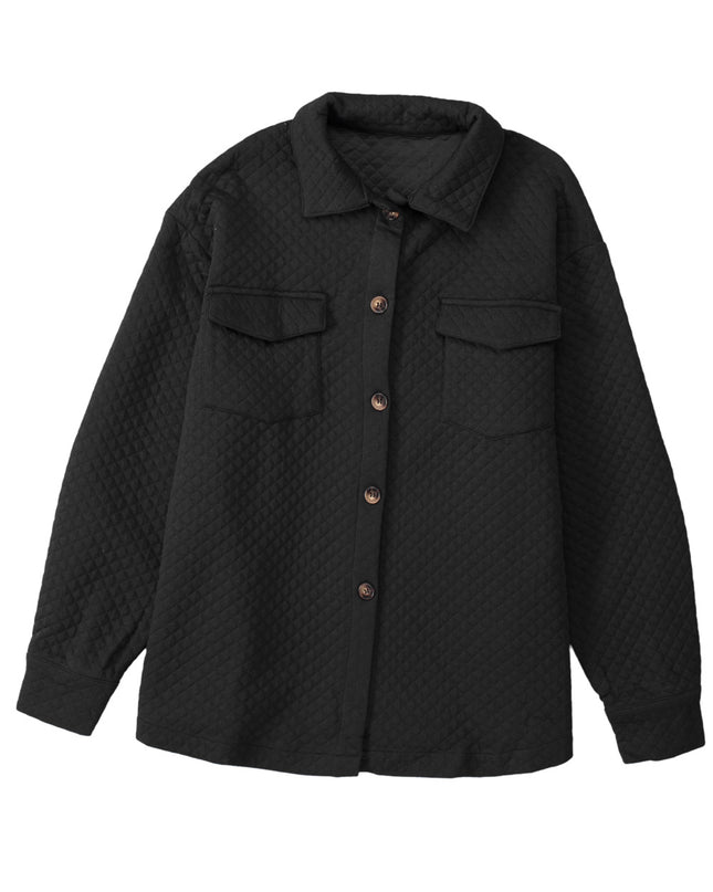 Black Retro Quilted Flap Pocket Button Shacket