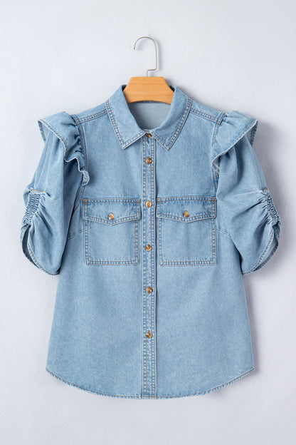 Myosotis Ruffle Detail Short Puff Sleeve Button Down Flap Pocket Denim Shirt