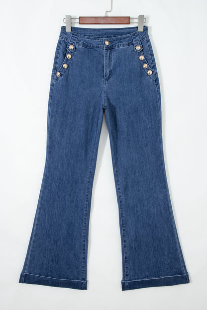 Ashleigh Blue Golden Button Detail Rolled Edge Flare Leg Jeans