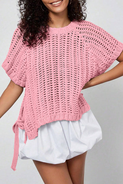 Apricot Plus Size Open Knit Bow Tie Short Sleeve Sweater