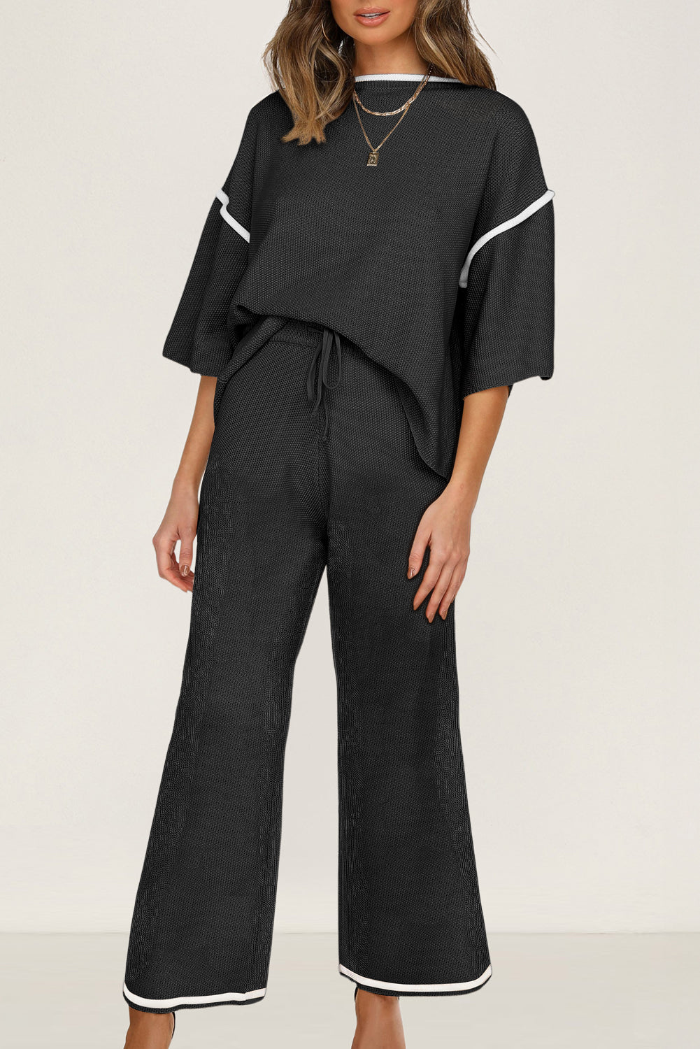 Black Contrast Trim Half Sleeve Top Drawstring Pants Loose 2pcs Sweater Suit Set