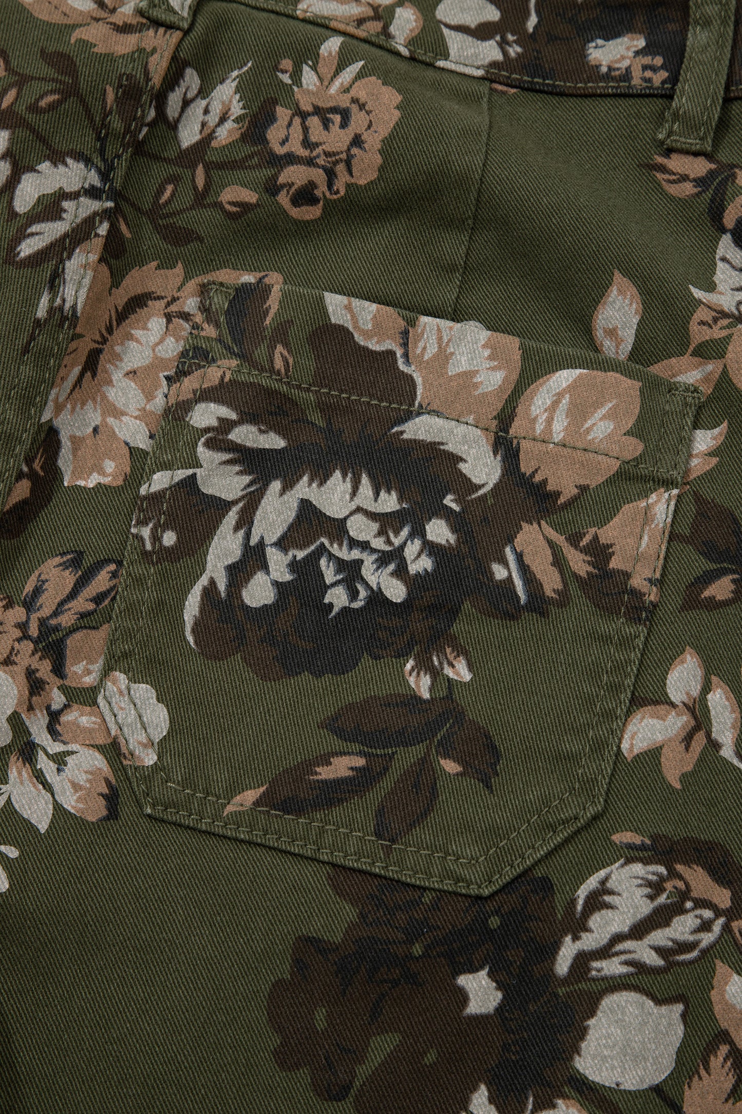 Green Vintage Floral Print Square Patch Pocket Raw Hem Shift Jeans