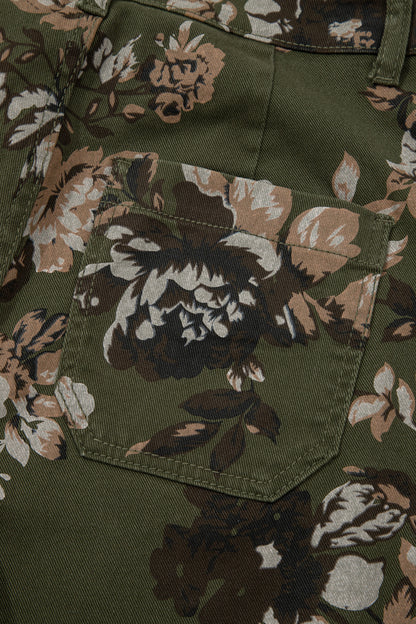 Green Vintage Floral Print Square Patch Pocket Raw Hem Shift Jeans