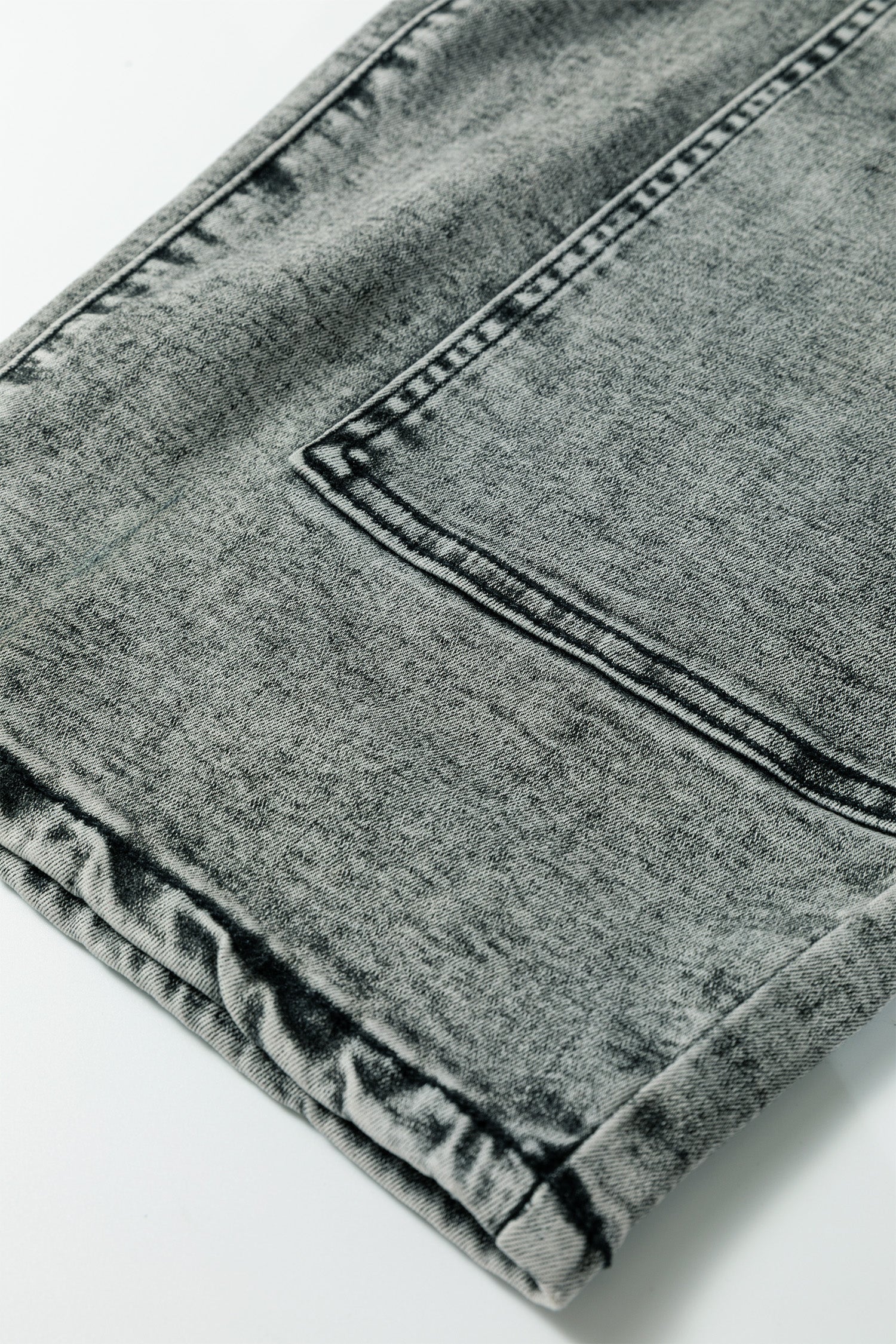 Smoke Gray Acid Wash Barrel Fit Denim Pants with Waist String