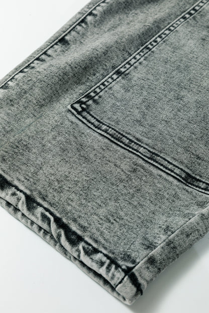 Smoke Gray Acid Wash Barrel Fit Denim Pants with Waist String