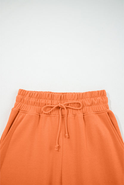 Flamingo Drop Shoulder Puff Sleeve Crop Pullover Drawstring Wide Leg Pants Set