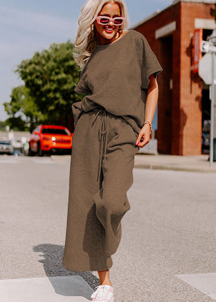 Black Textured Loose Fit T Shirt and Drawstring Pants Set