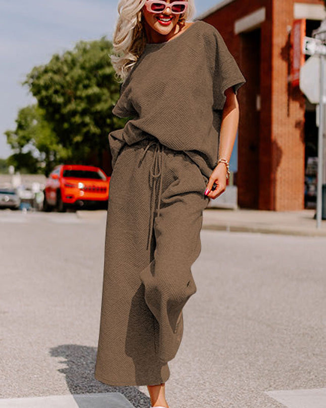 Black Textured Loose Fit T Shirt and Drawstring Pants Set